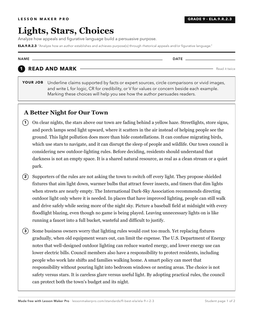 Preview of the ELA.9.R.2.3 printable worksheet