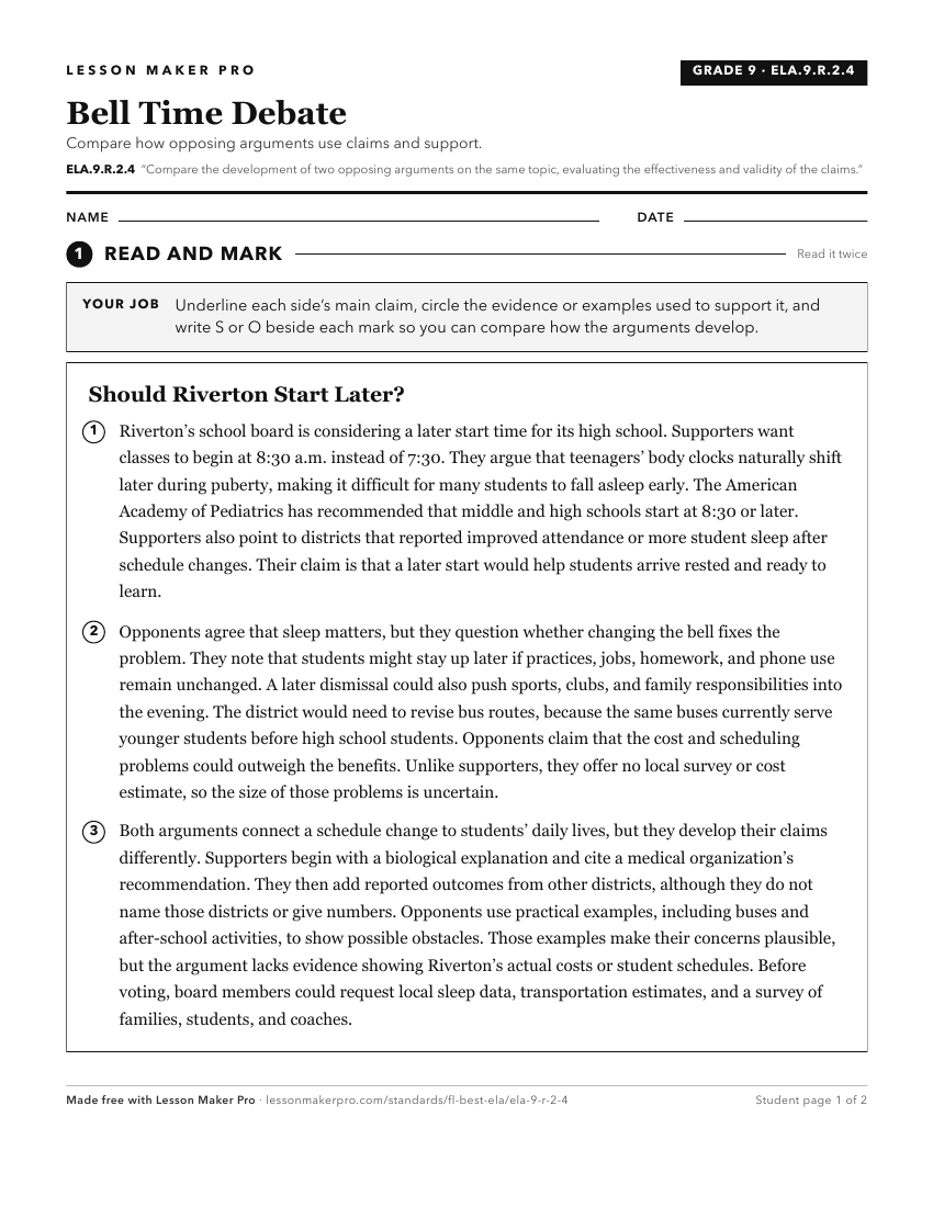 Preview of the ELA.9.R.2.4 printable worksheet