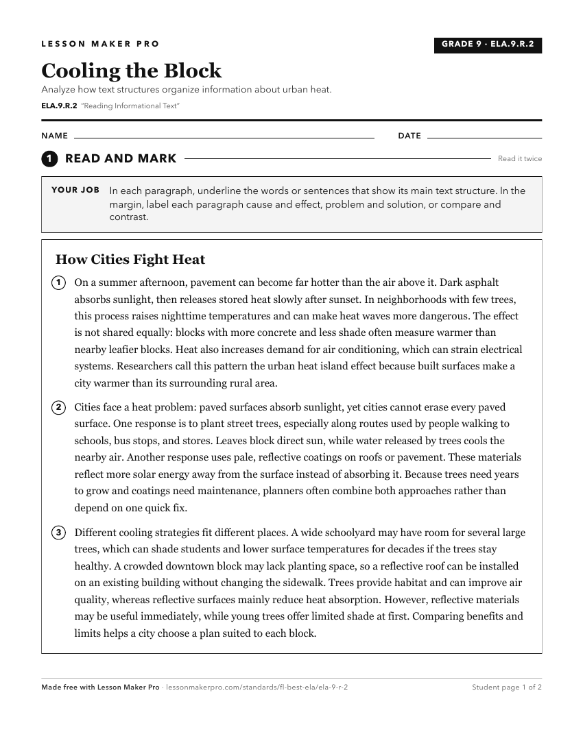 Preview of the ELA.9.R.2 printable worksheet