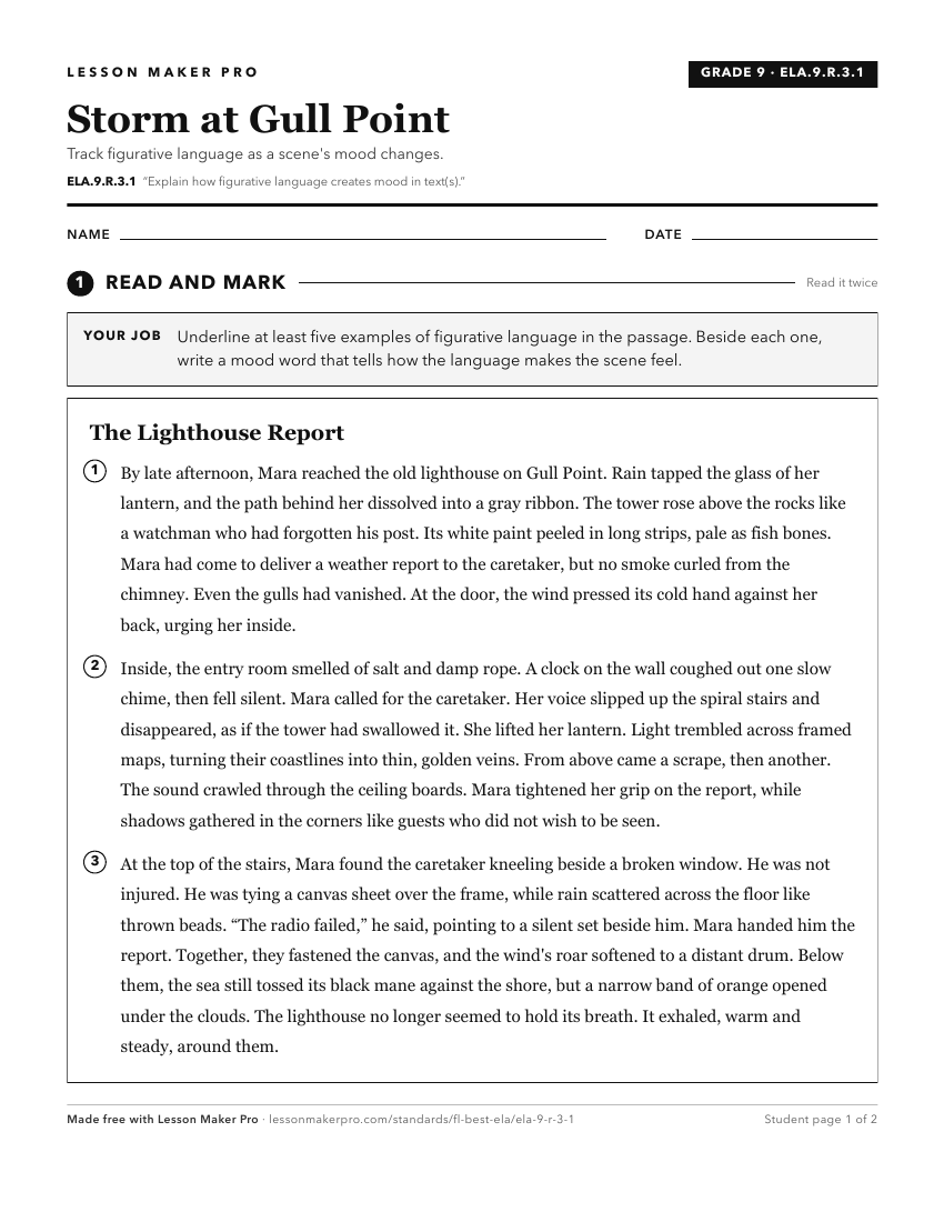 Preview of the ELA.9.R.3.1 printable worksheet