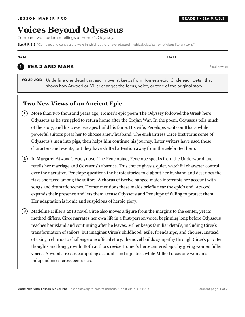 Preview of the ELA.9.R.3.3 printable worksheet