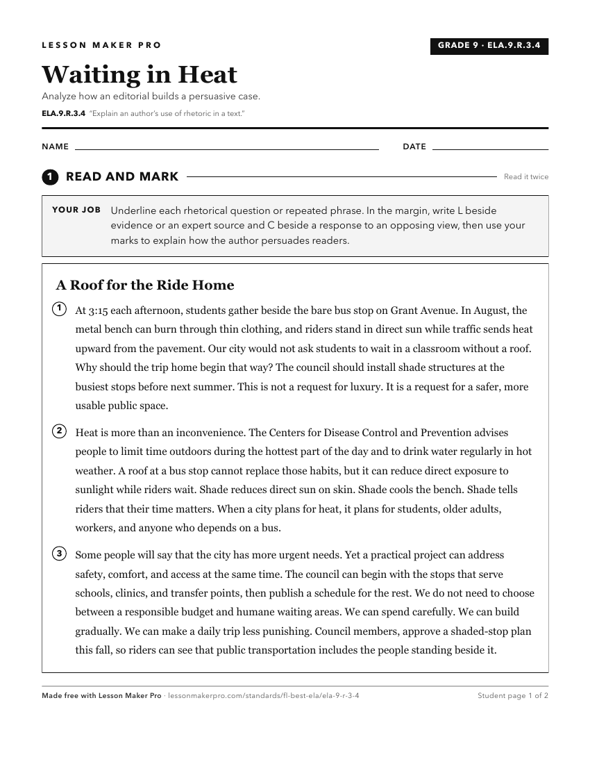 Preview of the ELA.9.R.3.4 printable worksheet