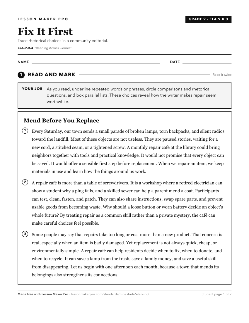 Preview of the ELA.9.R.3 printable worksheet