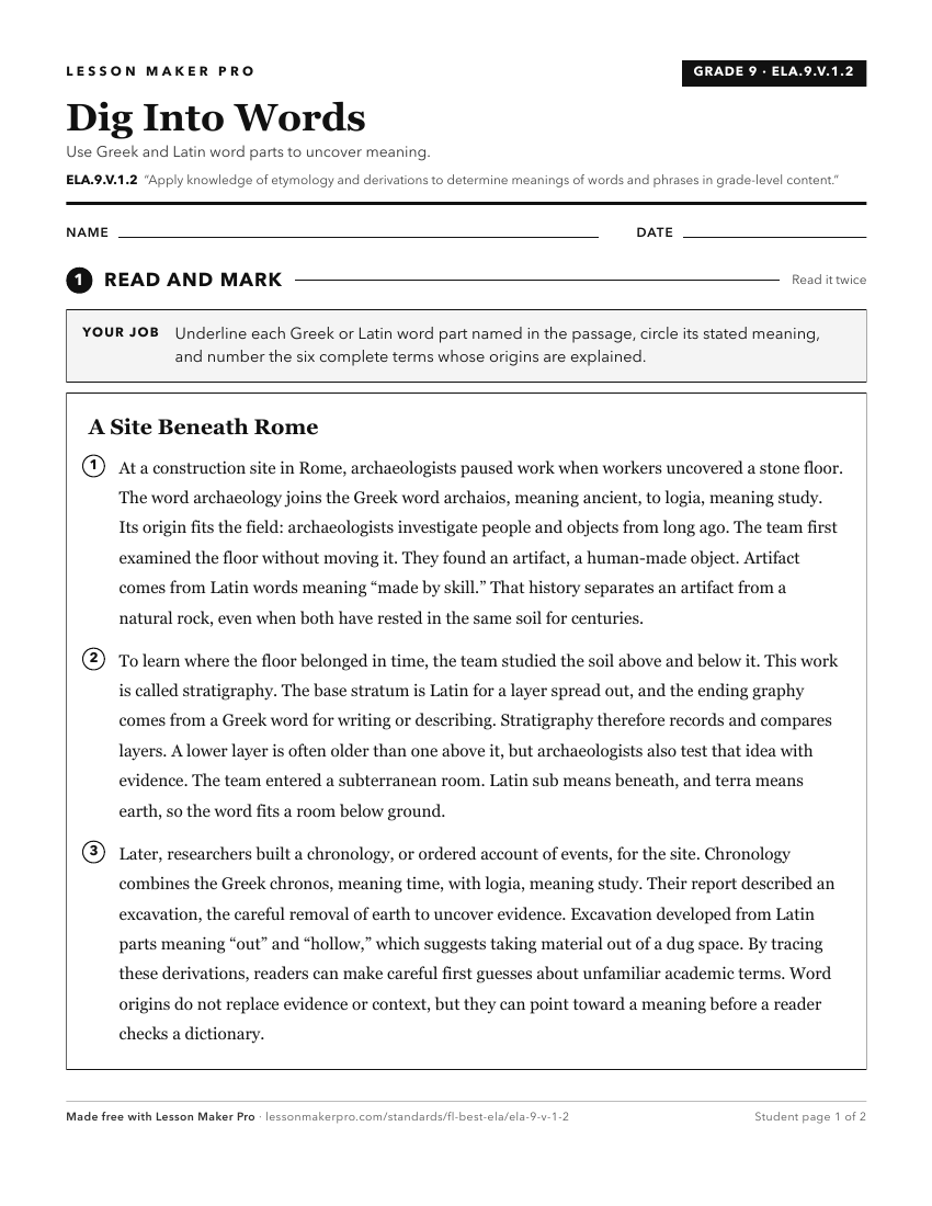 Preview of the ELA.9.V.1.2 printable worksheet