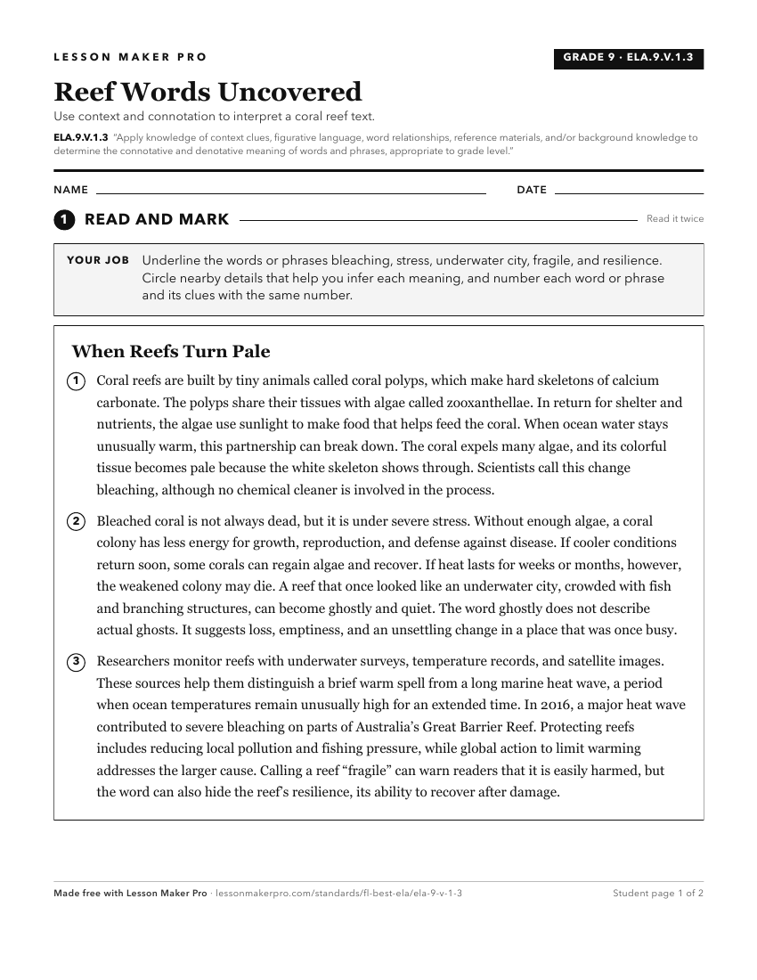 Preview of the ELA.9.V.1.3 printable worksheet