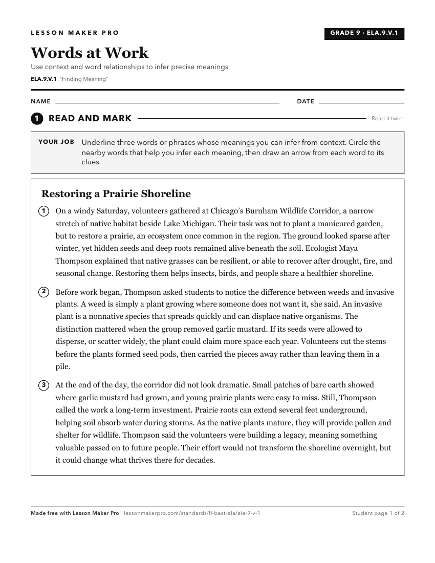 Preview of the ELA.9.V.1 printable worksheet
