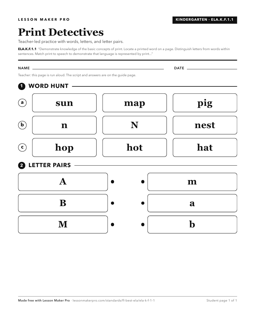 Preview of the ELA.K.F.1.1 printable worksheet