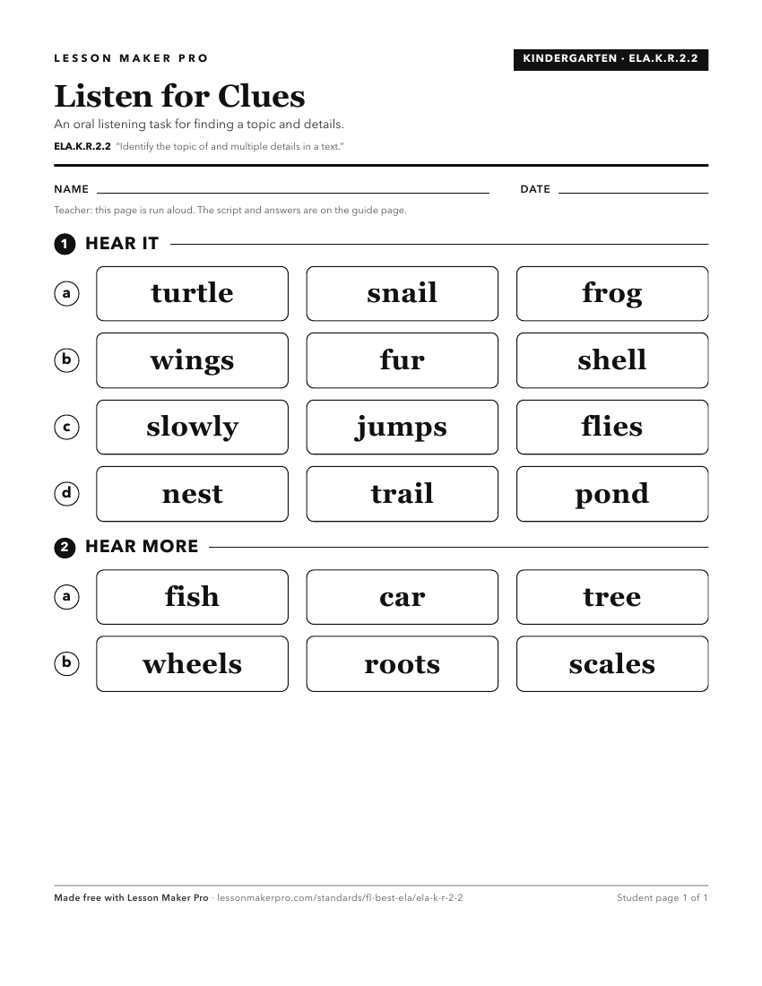 Preview of the ELA.K.R.2.2 printable worksheet