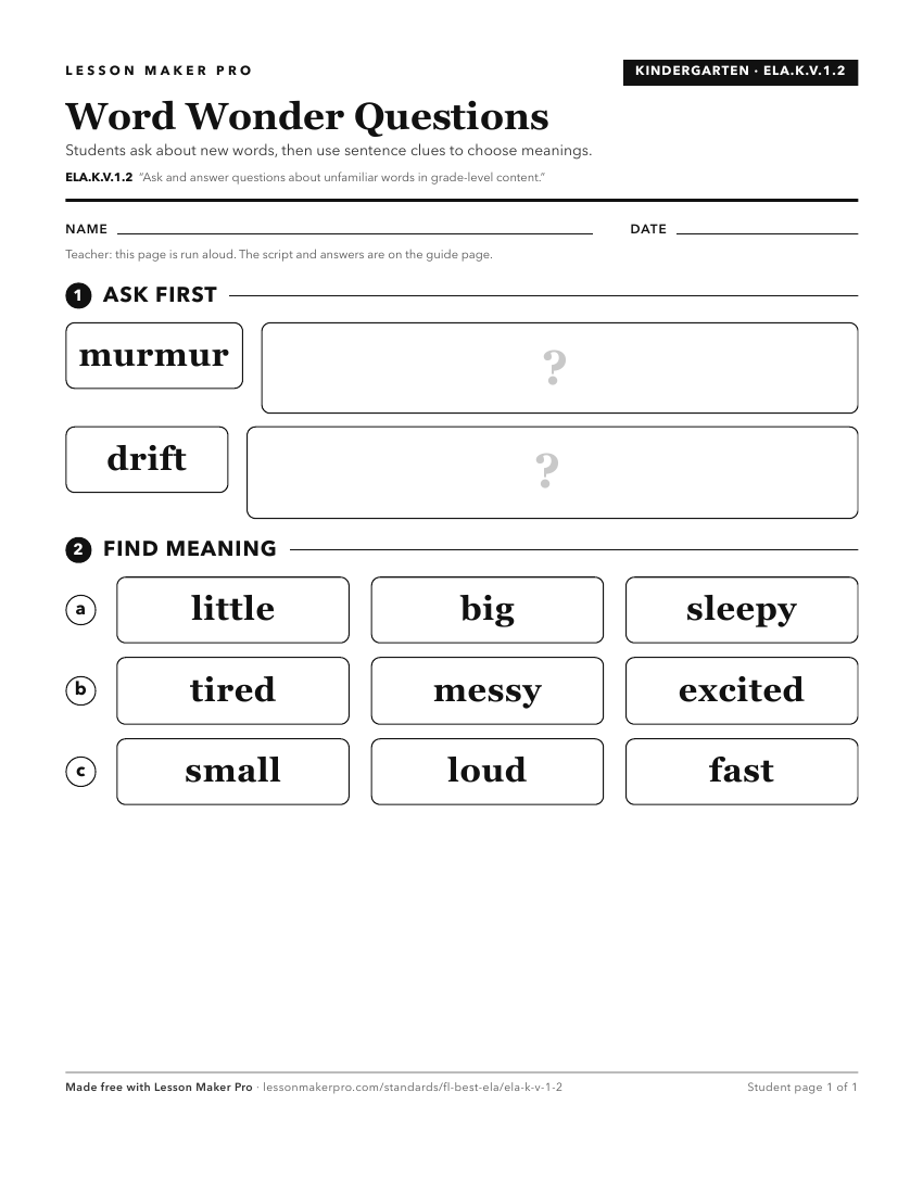 Preview of the ELA.K.V.1.2 printable worksheet