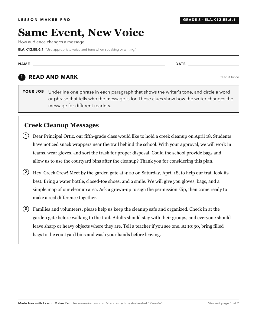 Preview of the ELA.K12.EE.6.1 printable worksheet