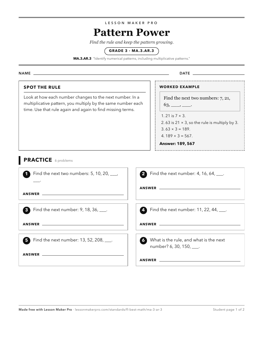 Preview of the MA.3.AR.3 printable worksheet