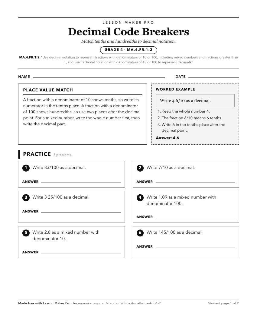 Preview of the MA.4.FR.1.2 printable worksheet
