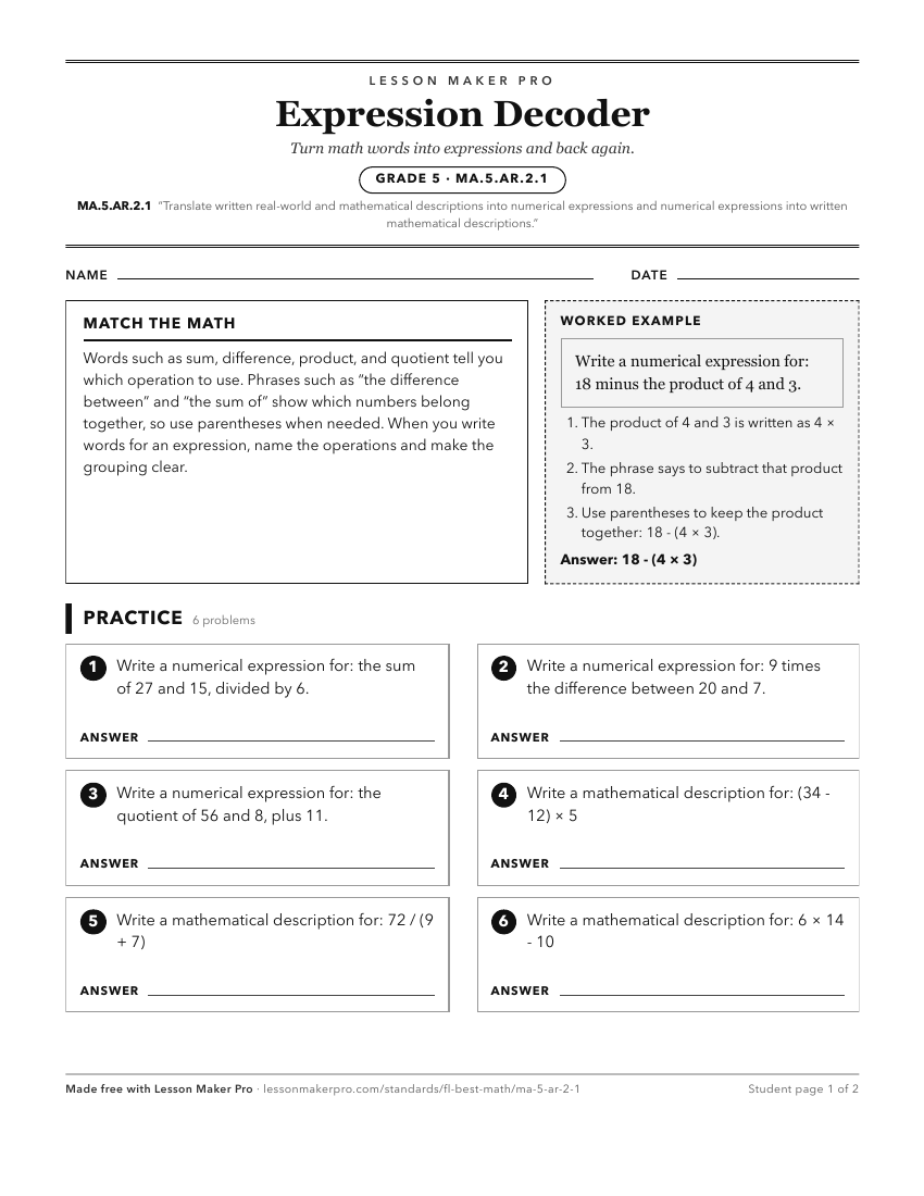 Preview of the MA.5.AR.2.1 printable worksheet