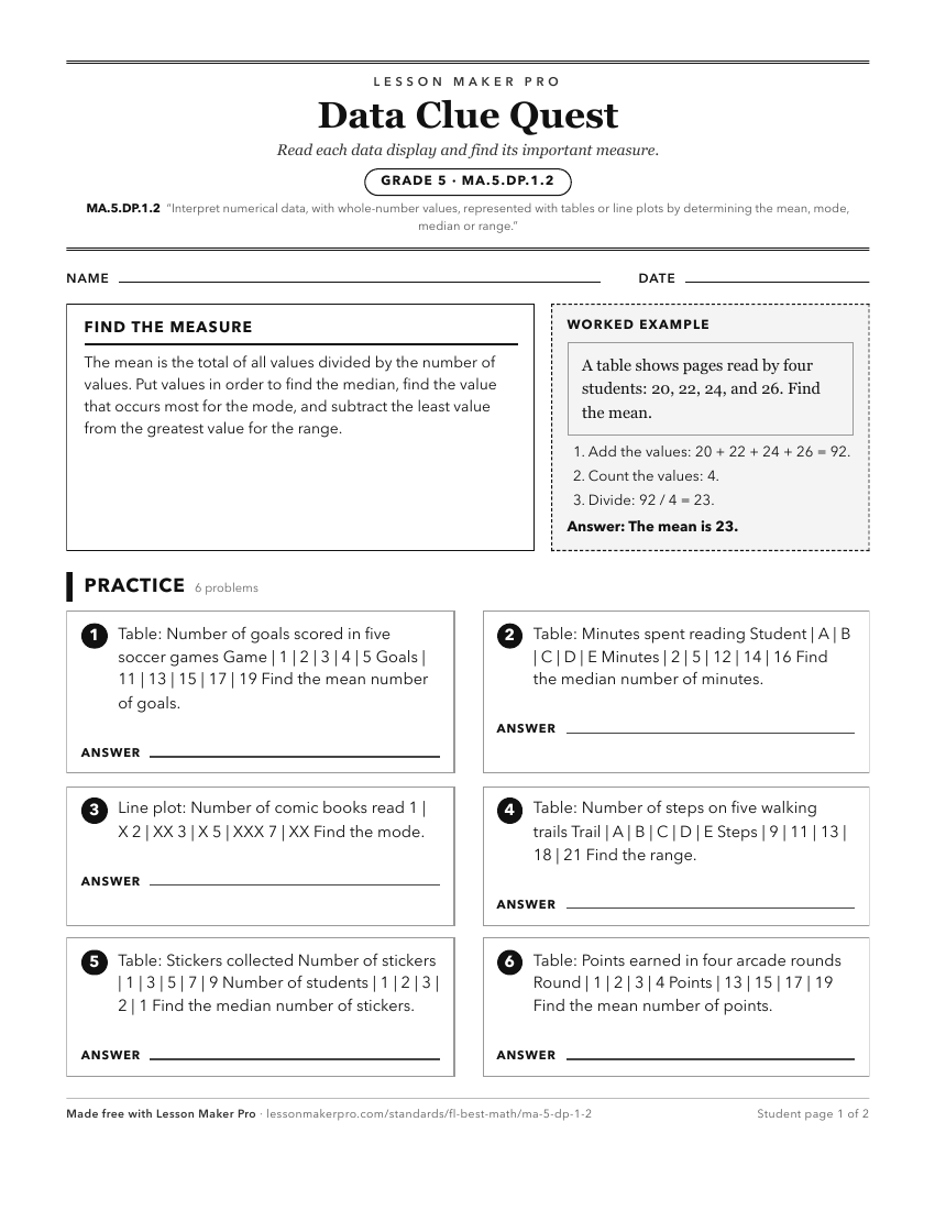 Preview of the MA.5.DP.1.2 printable worksheet