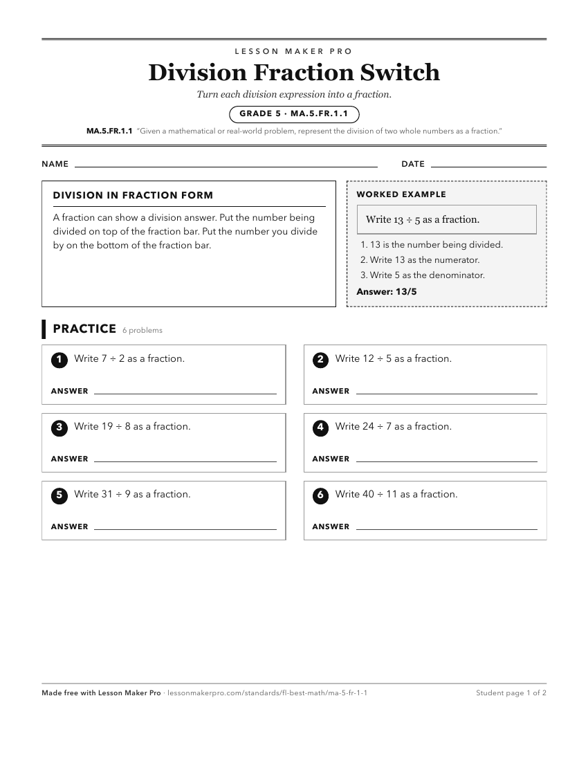 Preview of the MA.5.FR.1.1 printable worksheet