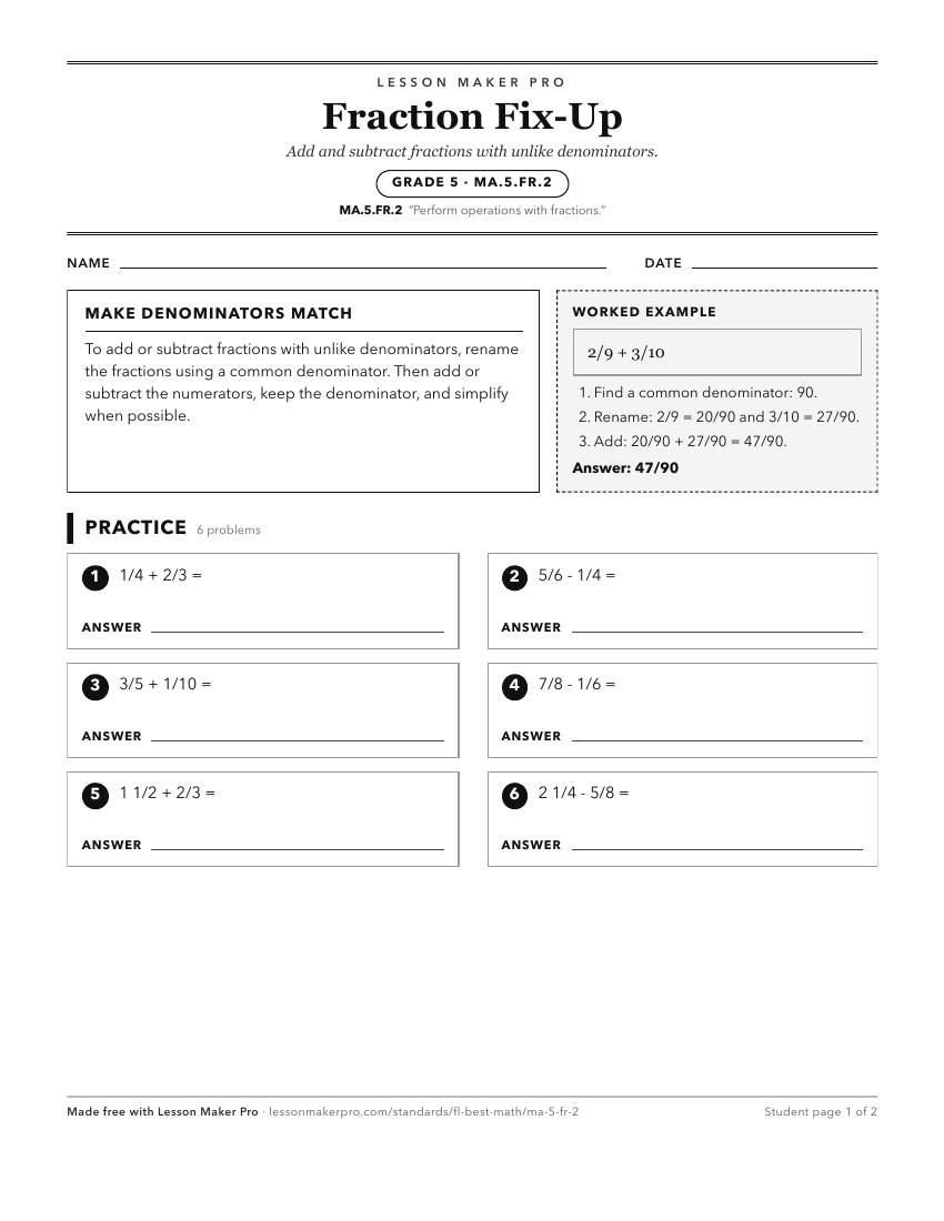 Preview of the MA.5.FR.2 printable worksheet