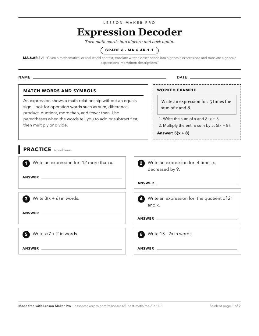 Preview of the MA.6.AR.1.1 printable worksheet
