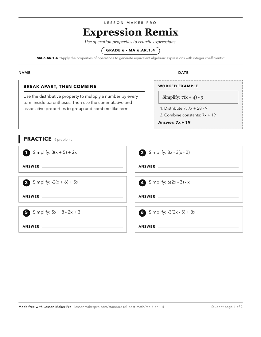 Preview of the MA.6.AR.1.4 printable worksheet