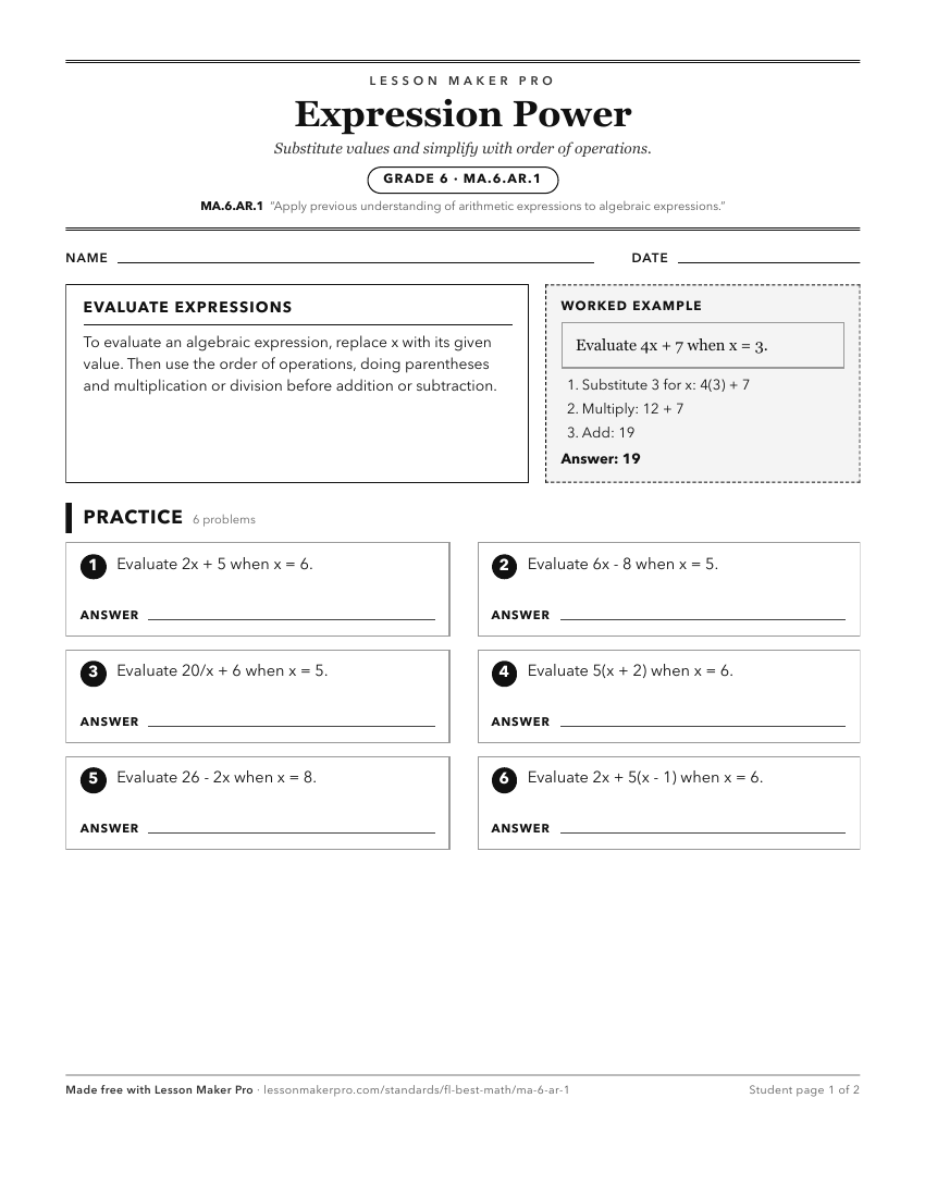 Preview of the MA.6.AR.1 printable worksheet