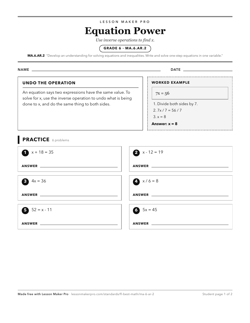 Preview of the MA.6.AR.2 printable worksheet