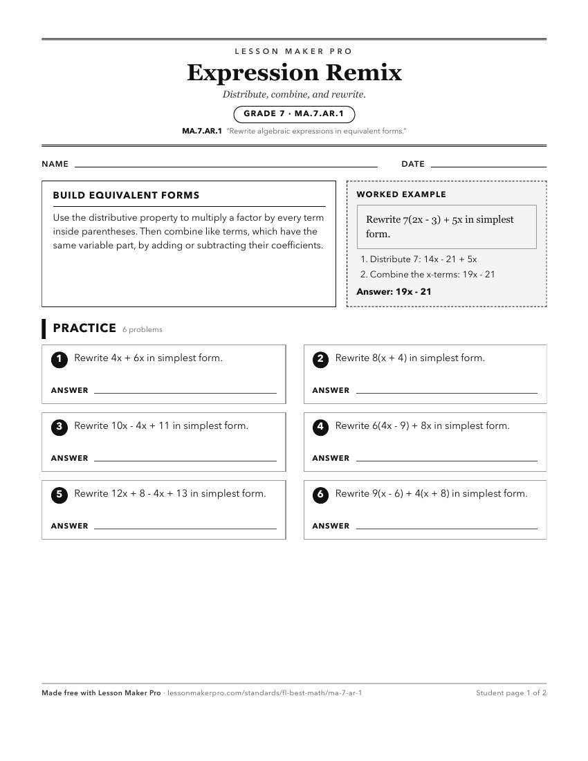 Preview of the MA.7.AR.1 printable worksheet