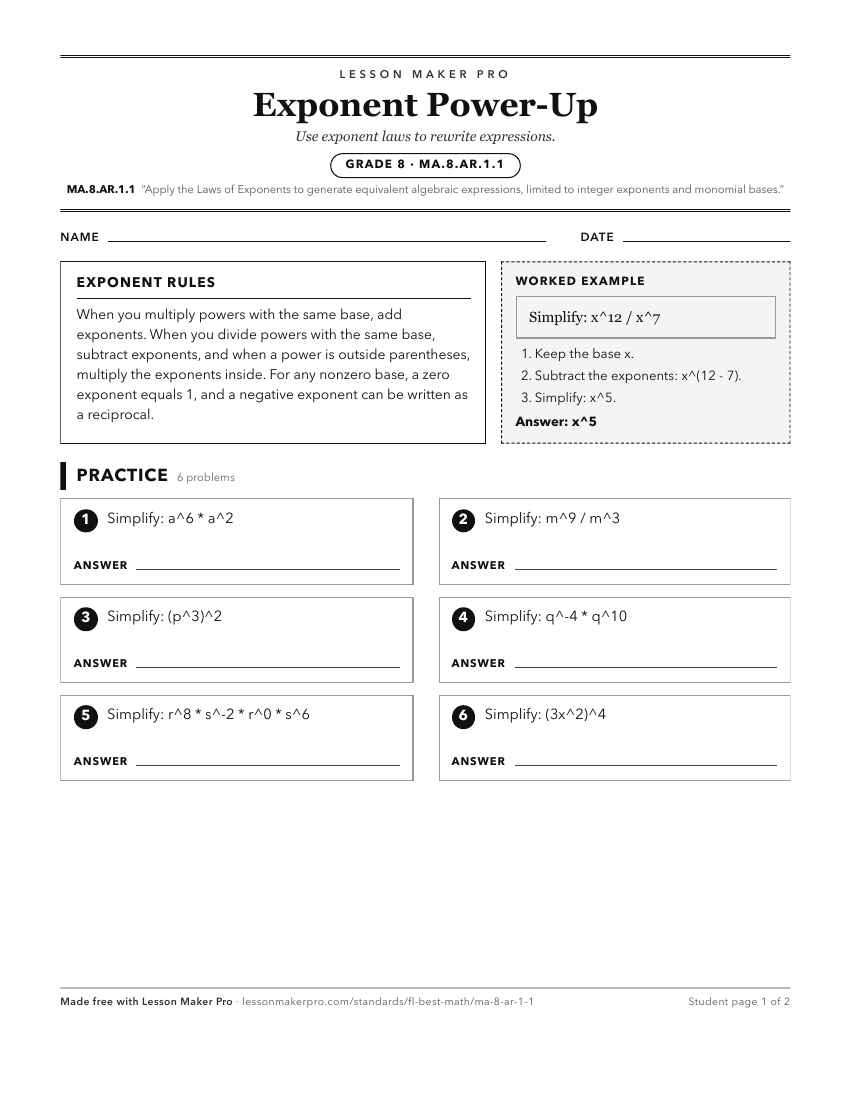 Preview of the MA.8.AR.1.1 printable worksheet