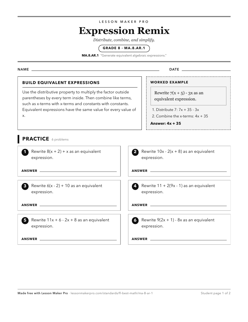Preview of the MA.8.AR.1 printable worksheet