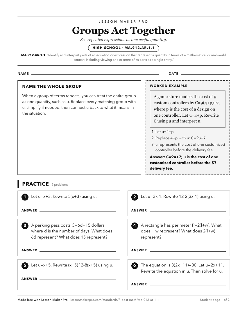 Preview of the MA.912.AR.1.1 printable worksheet