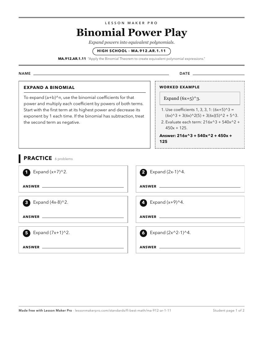 Preview of the MA.912.AR.1.11 printable worksheet