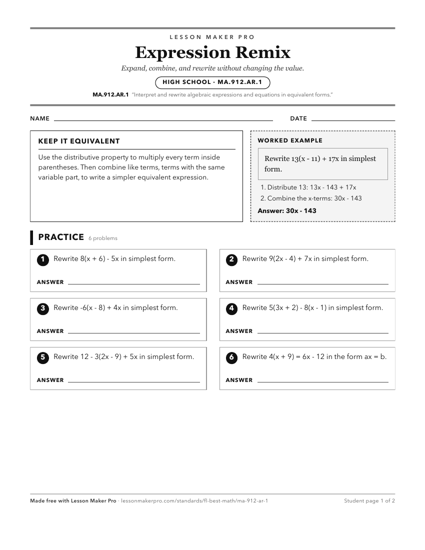 Preview of the MA.912.AR.1 printable worksheet