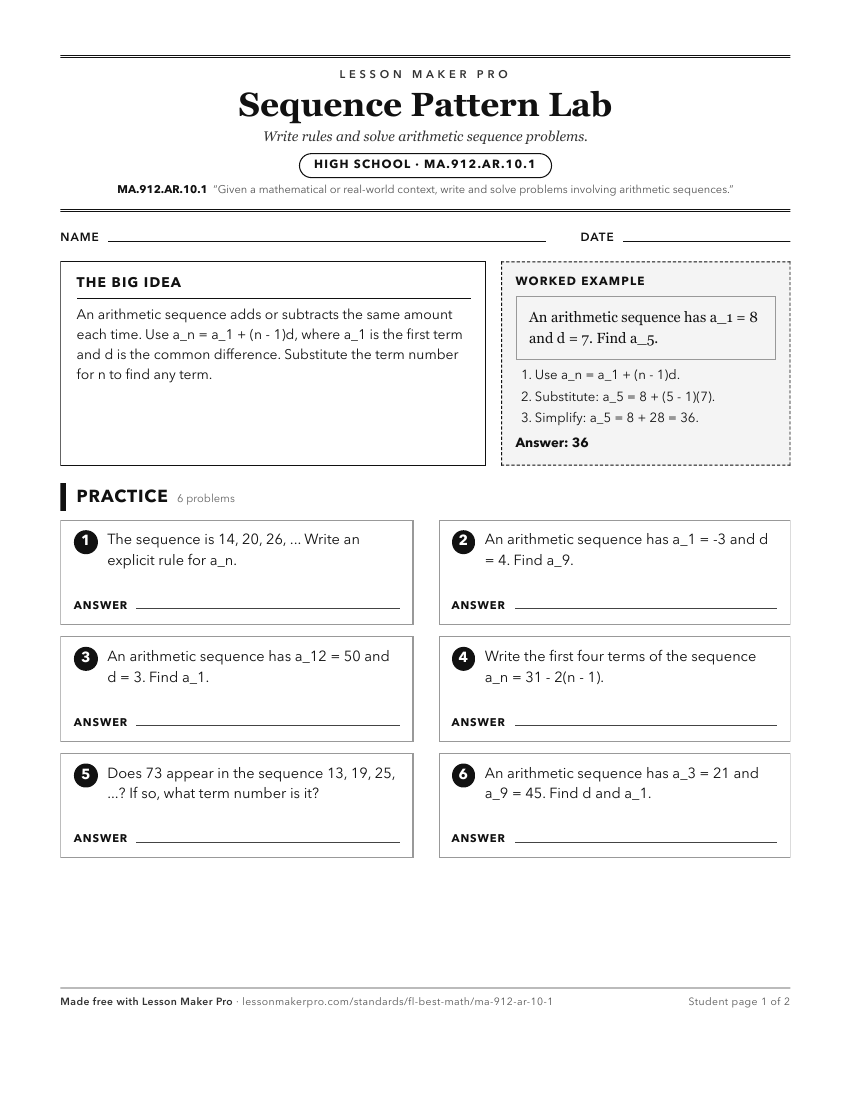 Preview of the MA.912.AR.10.1 printable worksheet
