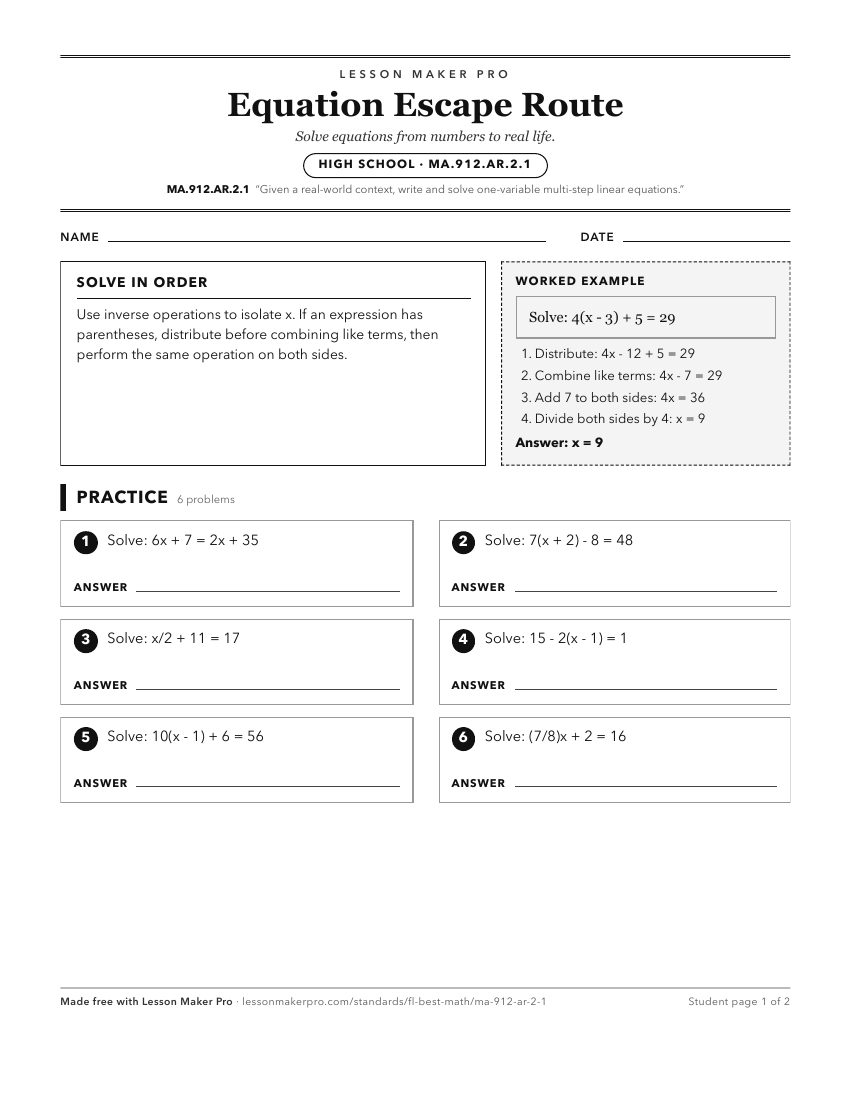 Preview of the MA.912.AR.2.1 printable worksheet