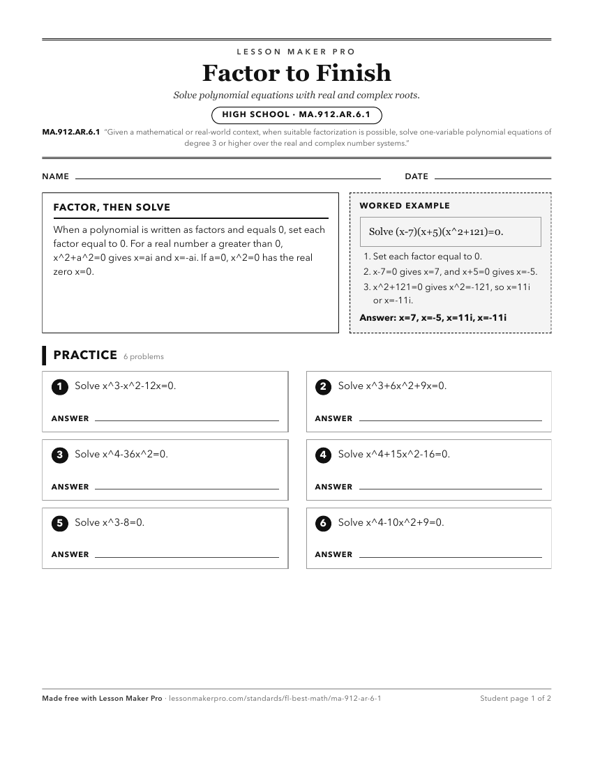 Preview of the MA.912.AR.6.1 printable worksheet