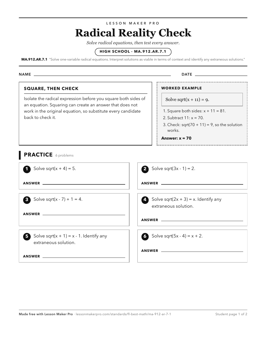 Preview of the MA.912.AR.7.1 printable worksheet