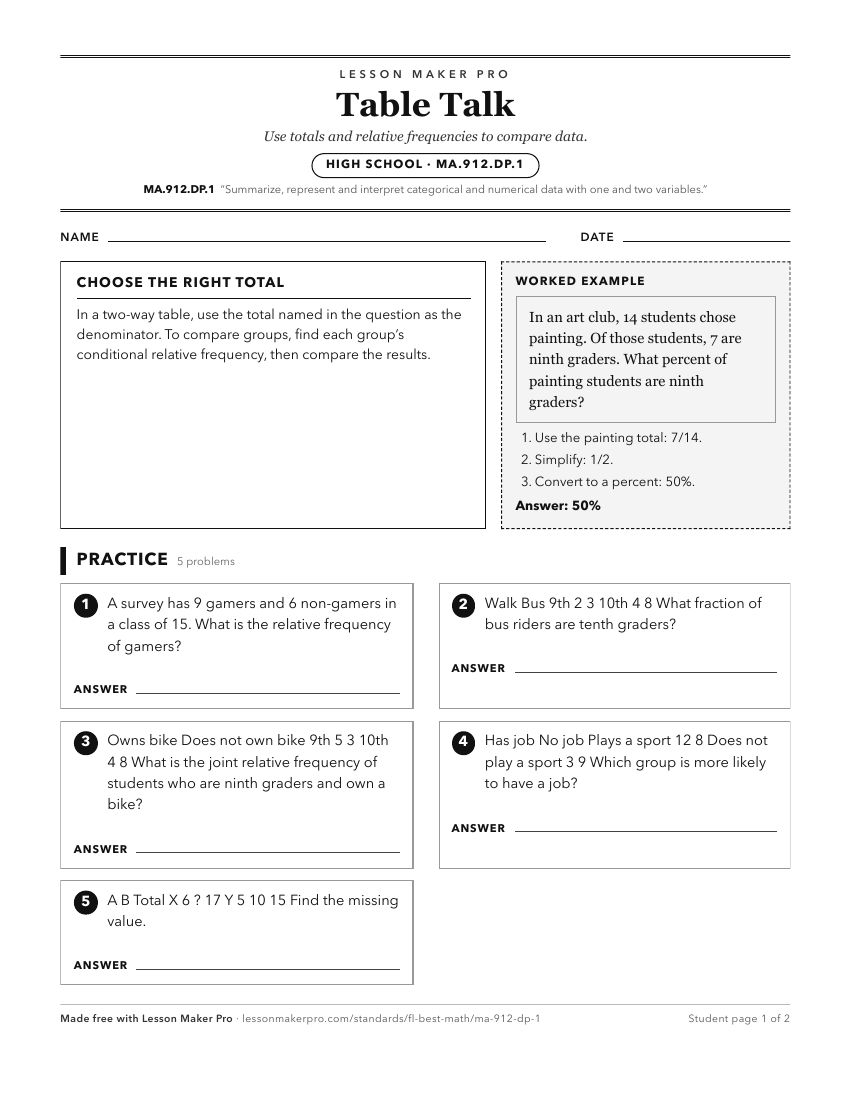 Preview of the MA.912.DP.1 printable worksheet