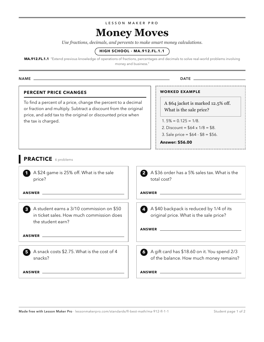 Preview of the MA.912.FL.1.1 printable worksheet