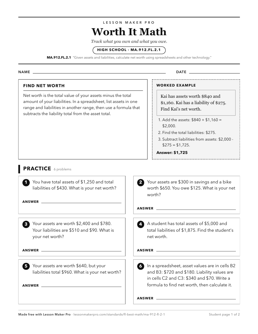 Preview of the MA.912.FL.2.1 printable worksheet
