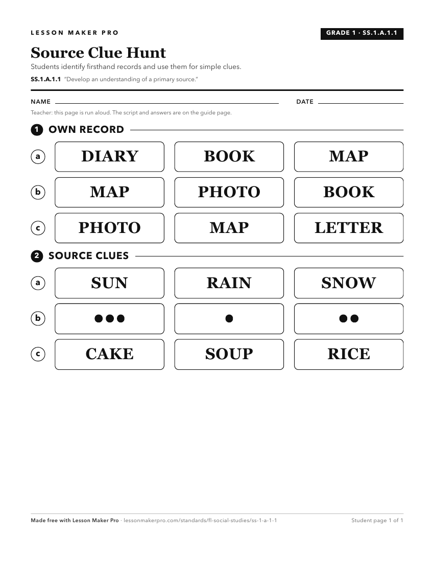 Preview of the SS.1.A.1.1 printable worksheet