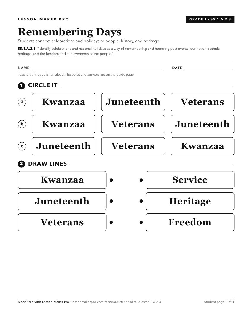 Preview of the SS.1.A.2.3 printable worksheet