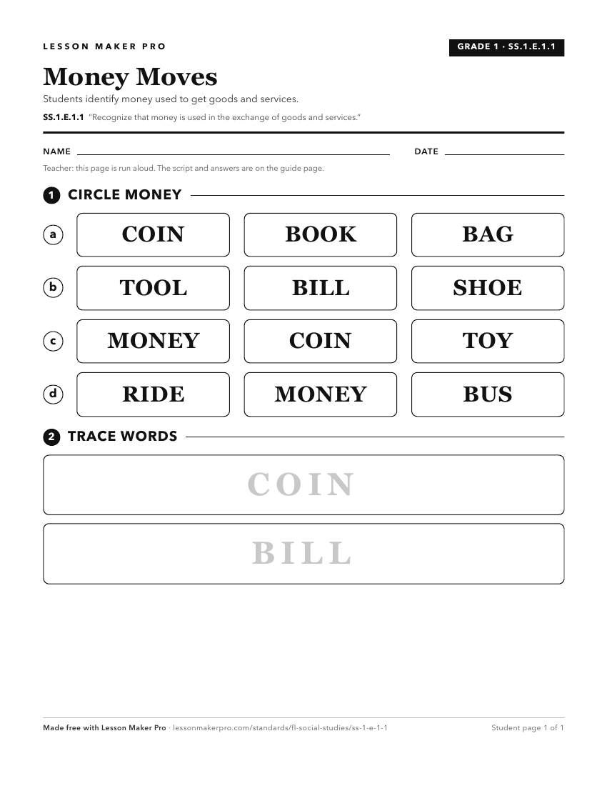 Preview of the SS.1.E.1.1 printable worksheet