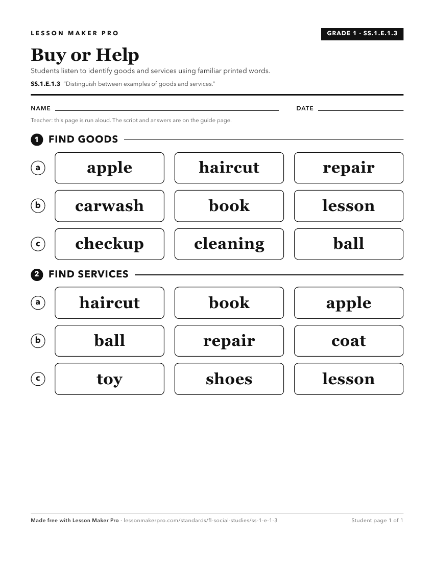 Preview of the SS.1.E.1.3 printable worksheet
