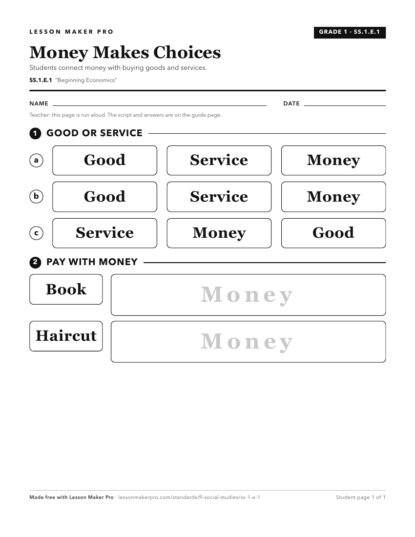 Preview of the SS.1.E.1 printable worksheet