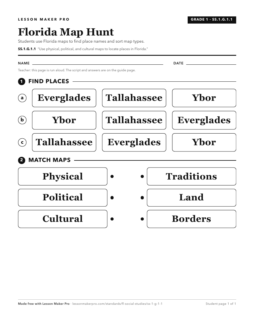 Preview of the SS.1.G.1.1 printable worksheet