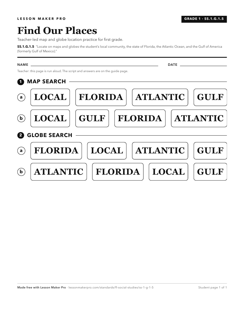 Preview of the SS.1.G.1.5 printable worksheet