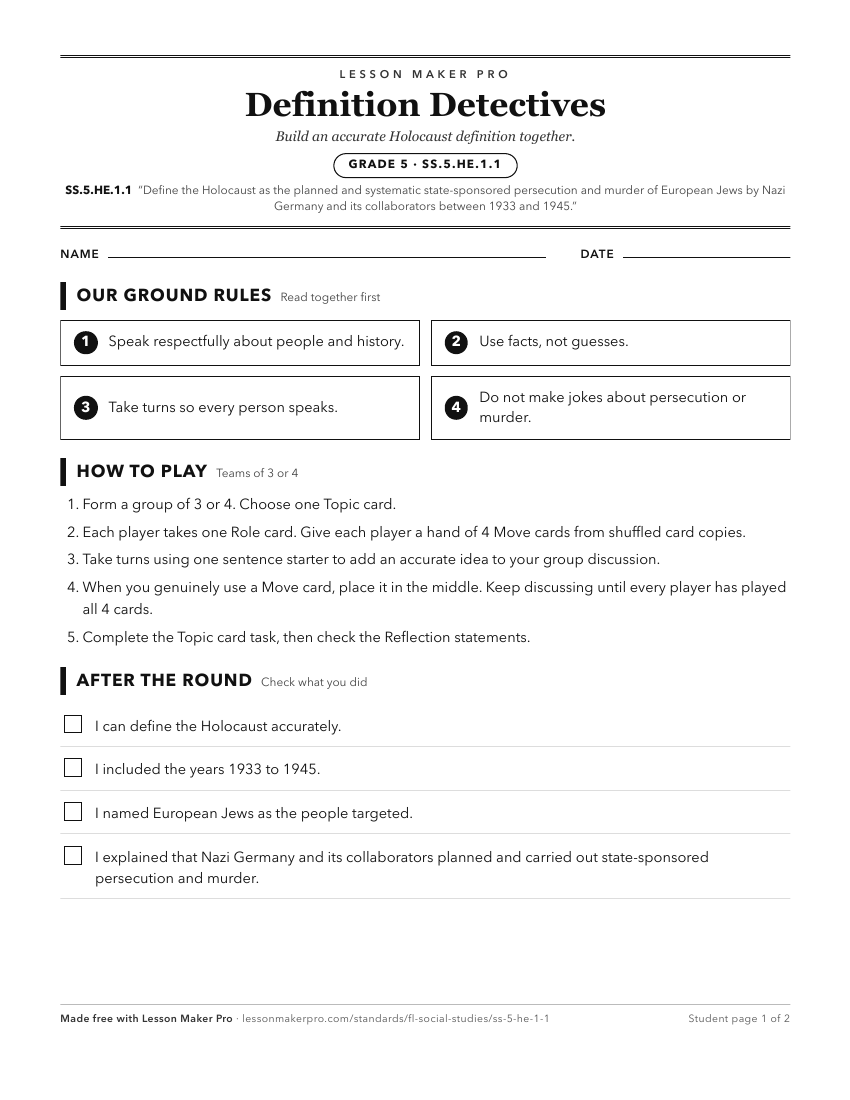 Preview of the SS.5.HE.1.1 printable worksheet