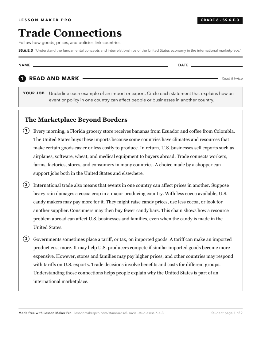 Preview of the SS.6.E.3 printable worksheet