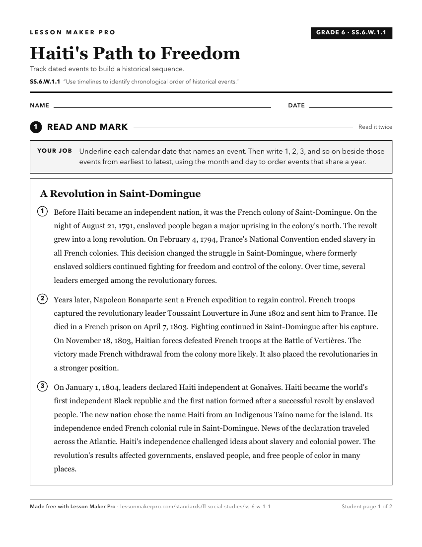 Preview of the SS.6.W.1.1 printable worksheet