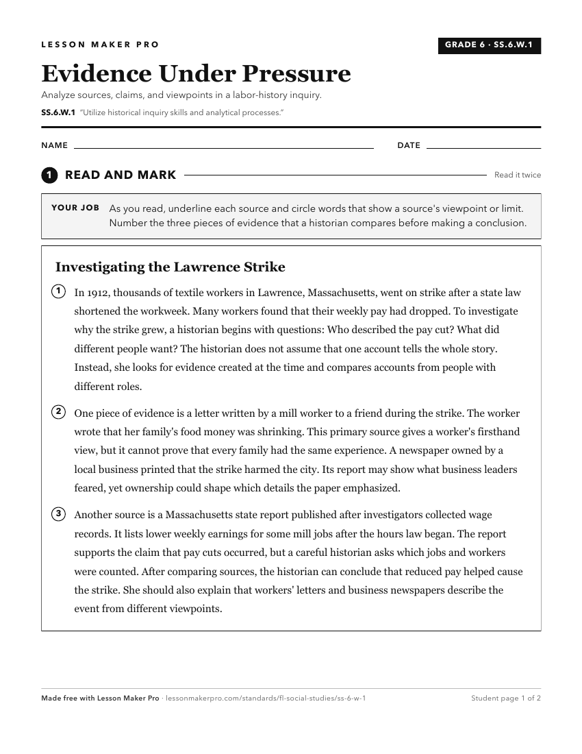 Preview of the SS.6.W.1 printable worksheet