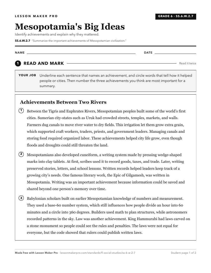 Preview of the SS.6.W.2.7 printable worksheet