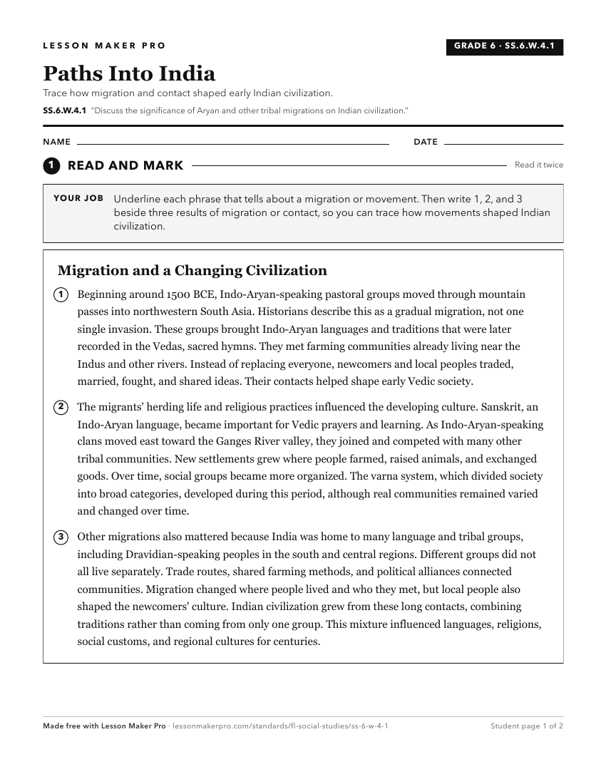 Preview of the SS.6.W.4.1 printable worksheet